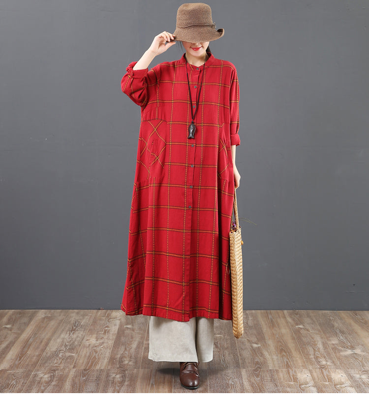 Fashion A Linen Cotton Plaid Shirt Dresses For Women 6205 S / Blue Fashion A Linen Cotton Plaid Shirt Dresses For Women 6205 S / Blue