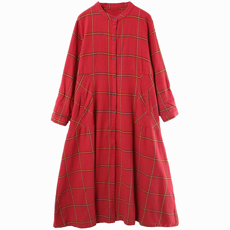 Fashion A Linen Cotton Plaid Shirt Dresses For Women 6205 S / Blue
