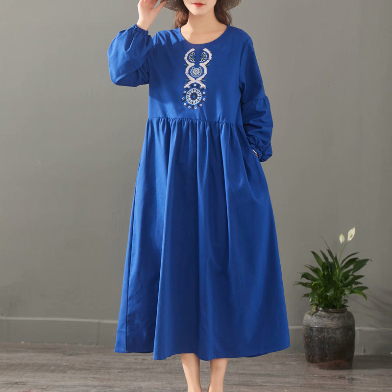 Elegant Pure Color Embroidery Cotton Maxi Dresses For Women 1523 M / Blue Elegant Pure Color Embroidery Cotton Maxi Dresses For Women 1523 M / Blue