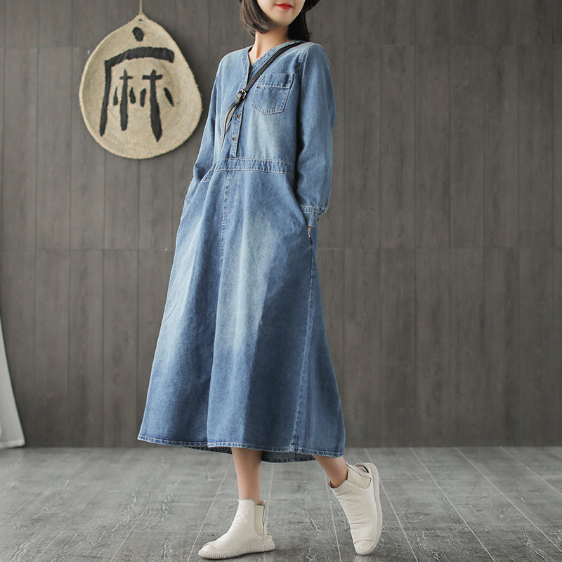 Loose Blue Denim Dresses Women Casual Cowboy Clothes Q732– FantasyLinen