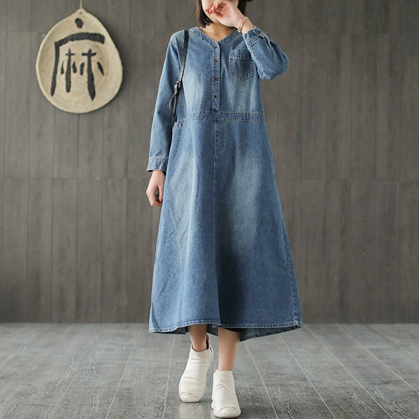 Loose Blue Denim Dresses Women Casual Cowboy Clothes Q732– FantasyLinen