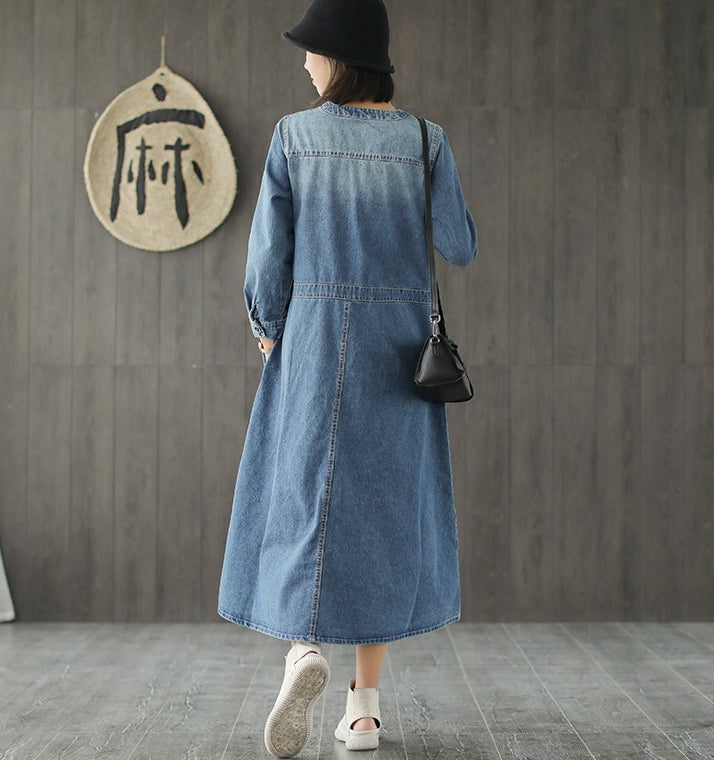 Loose Blue Denim Dresses Women Casual Cowboy Clothes Q732– FantasyLinen