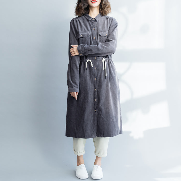 Gray and Khaki Corduroy Casual Dresses Women Loose Clothes Q18020 L / Gray