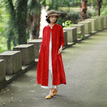 Load image into Gallery viewer, Loose Blue And Red Button Down Linen Maxi Dresses For Women Y753
