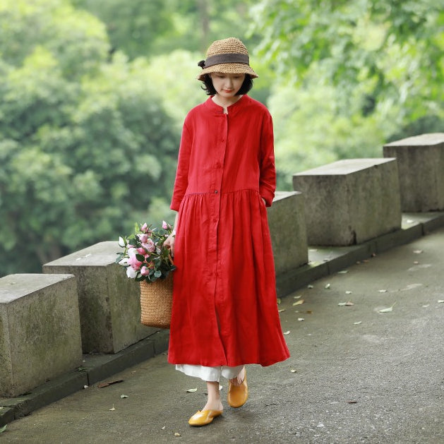 Loose Blue And Red Button Down Linen Maxi Dresses For Women Y753