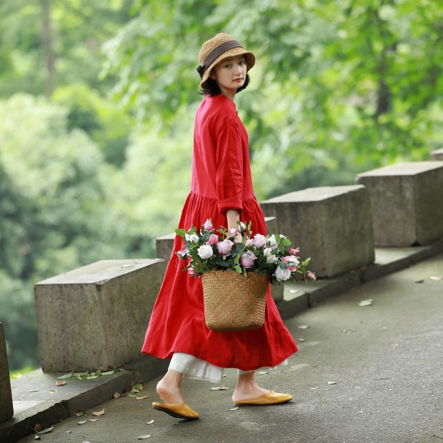 Loose Blue And Red Button Down Linen Maxi Dresses For Women Y753–  FantasyLinen