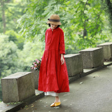 Load image into Gallery viewer, Loose Blue And Red Button Down Linen Maxi Dresses For Women Y753

