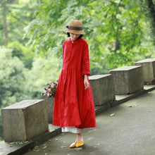 Load image into Gallery viewer, Loose Blue And Red Button Down Linen Maxi Dresses For Women Y753