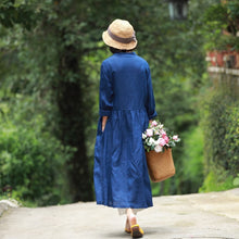 Load image into Gallery viewer, Loose Blue And Red Button Down Linen Maxi Dresses For Women Y753

