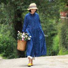Load image into Gallery viewer, Loose Blue And Red Button Down Linen Maxi Dresses For Women Y753
