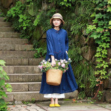 Load image into Gallery viewer, Loose Blue And Red Button Down Linen Maxi Dresses For Women Y753
