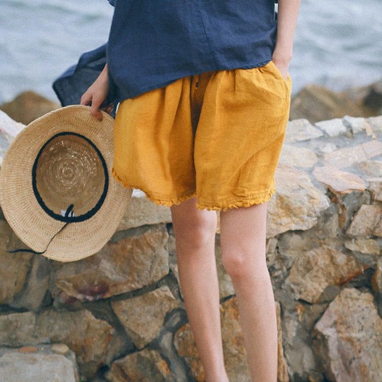 Loose Green And Yellow Linen Shorts Women Summer Trousers