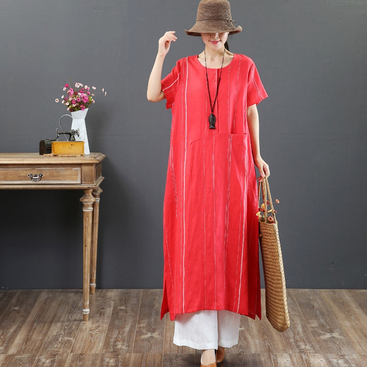 Loose Linen Striped Maxi Dress Women Loose Summer Women Clothes M / Blue