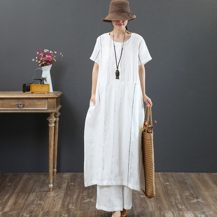 Linen Blend Striped Print Loose Off-shoulder Casual Maxi Dress main image 0