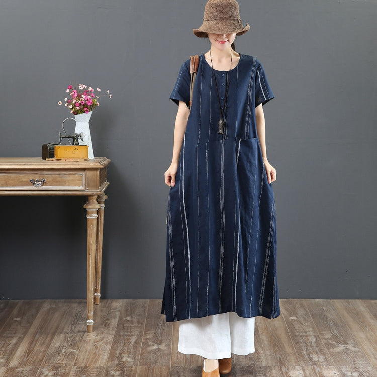 Loose Linen Striped Maxi Dress Women Loose Summer Women Clothes M / Blue