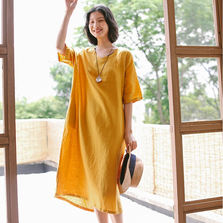 Loose Women Linen Yellow Dresses Summer Casual Outfits Q9410– FantasyLinen