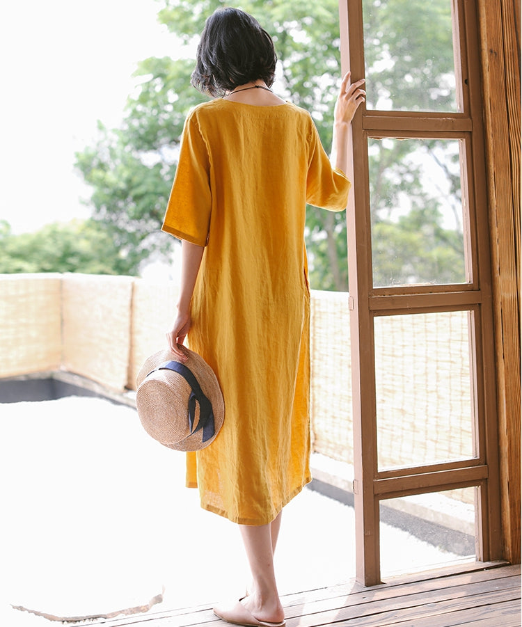 Loose Women Linen Yellow Dresses Summer Casual Outfits Q9410 Loose Women Linen Yellow Dresses Summer Casual Outfits Q9410