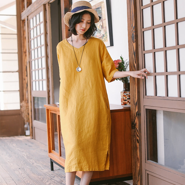 Loose Women Linen Yellow Dresses Summer Casual Outfits Q9410