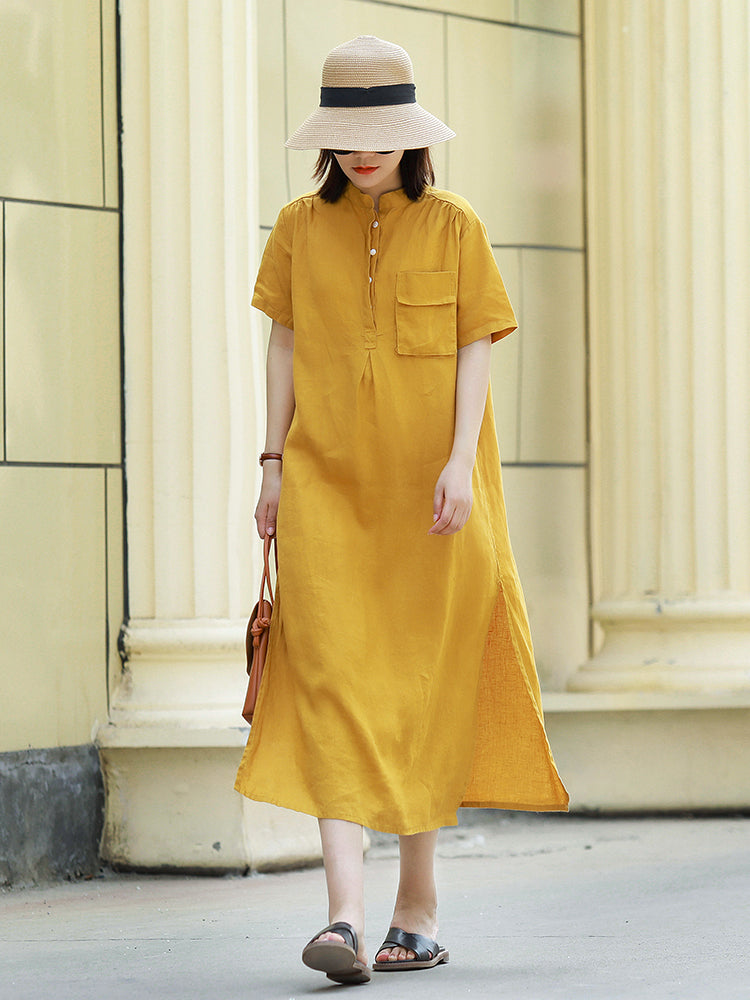 Women's Vintage Loose Linen Yellow Dresses For Summer Women's Vintage Loose Linen Yellow Dresses For Summer