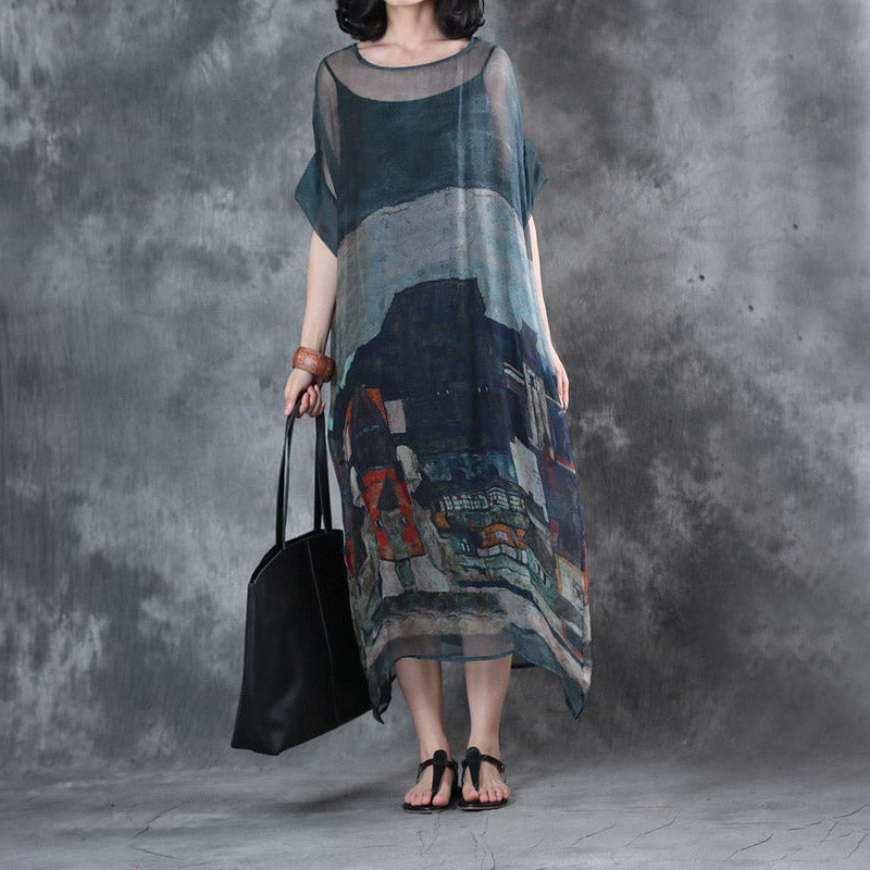 Women Vintage Loose Silk Loose Dresses Summer Blue Outfits Q28058 Women Vintage Loose Silk Loose Dresses Summer Blue Outfits Q28058