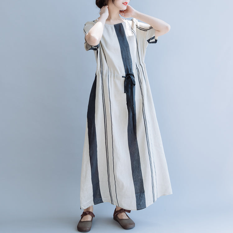 beige striped maxi dress Women Loose Beige Striped Maxi Dresses Linen Clothes