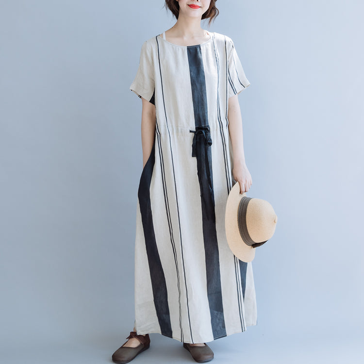 Women Loose Beige Striped Maxi Dresses Linen Clothes FantasyLinen Women Loose Beige Striped Maxi Dresses Linen Clothes FantasyLinen