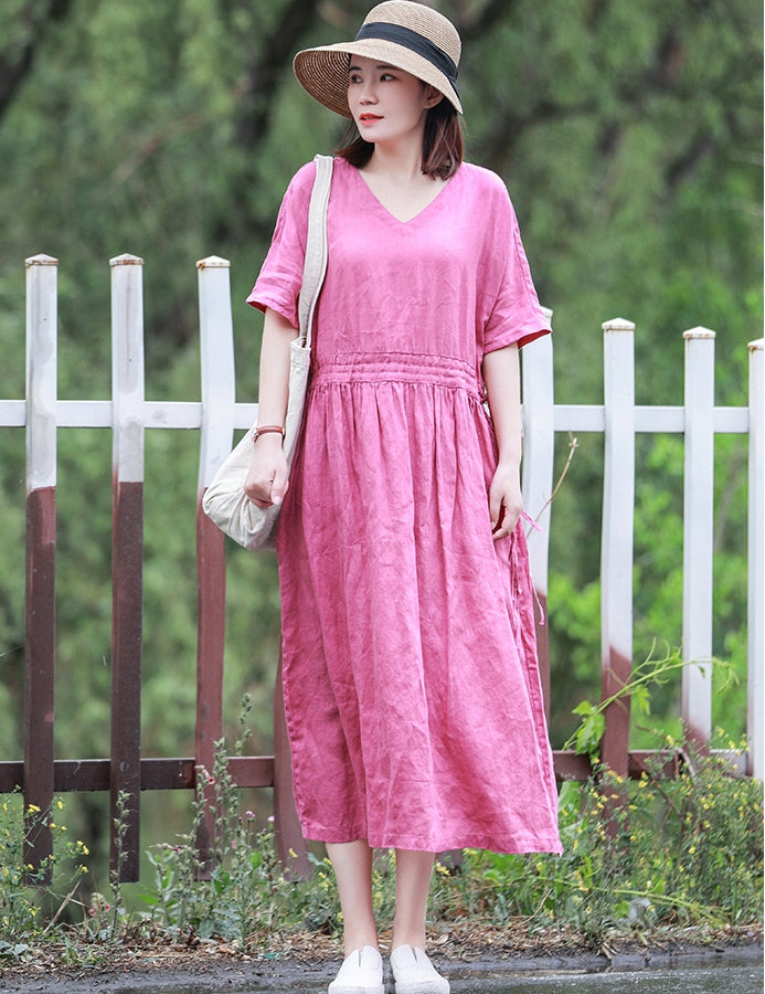 Women Vintage Pink Cotton Linen Dresses For Summer Q10065 FantasyLinen Women Vintage Pink Cotton Linen Dresses For Summer Q10065 FantasyLinen