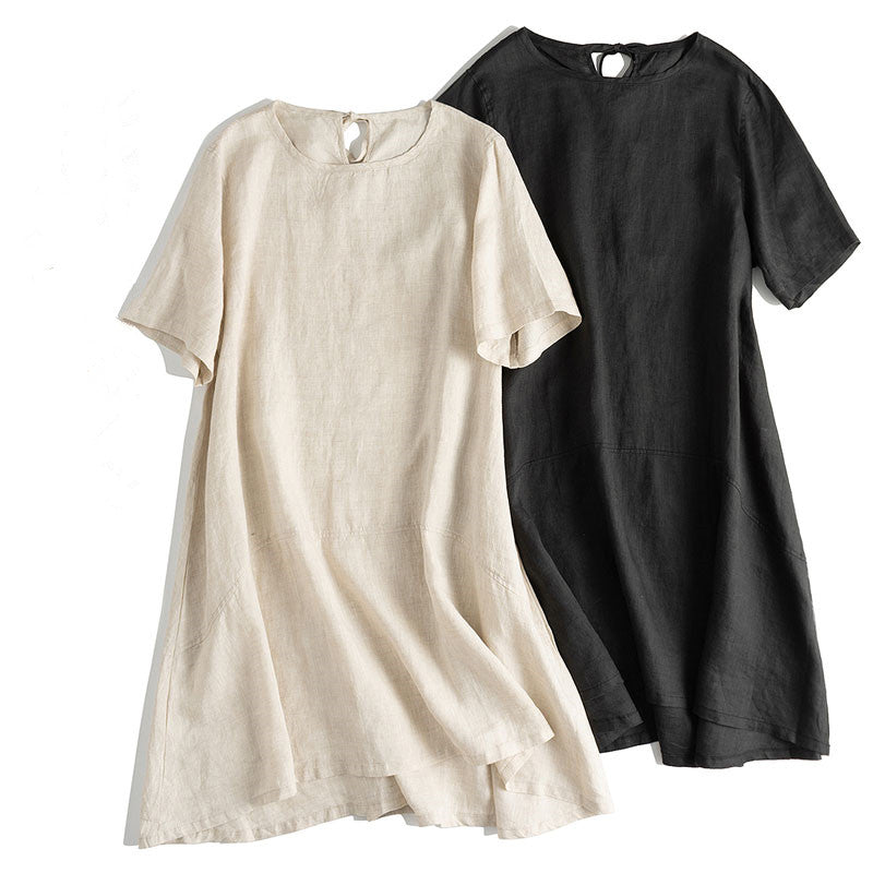 Casual Women Beige And Black Linen Dresses For Summer M / Black
