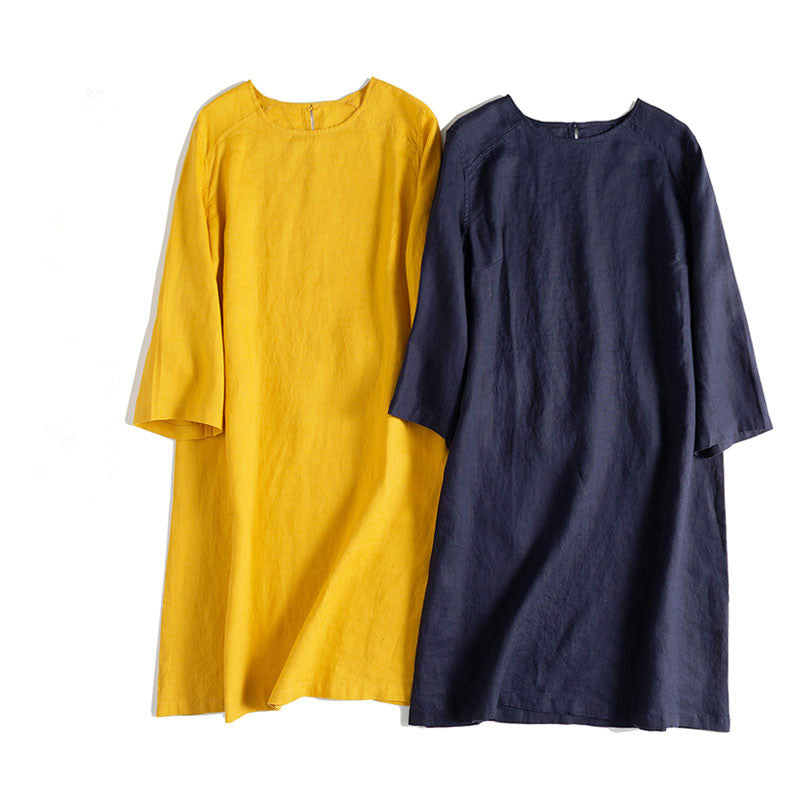 chinese dress ladies Blue and Yellow Linen Summer Dresses Women Loose Clothes S / Yellow