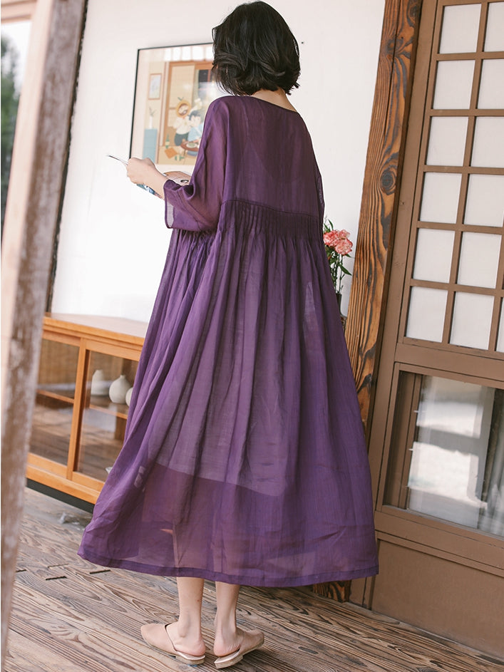 Summer Thin Linen Loose Dresses Women Casual Outfits Q19061