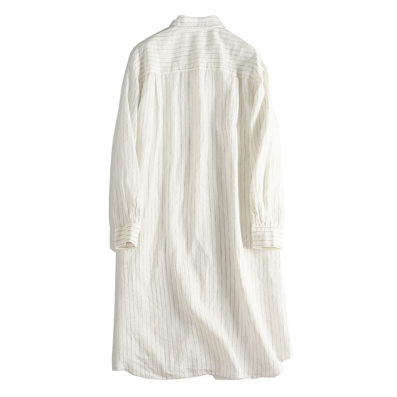 knee length dresses for ladies Loose White Striped Linen Shirt Dresses for Summer M