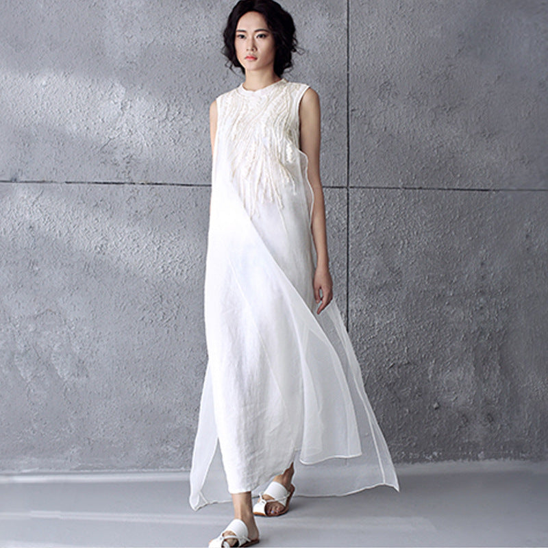 Art Embroidered White Simple Long Dress Summer Women Dress Q295A