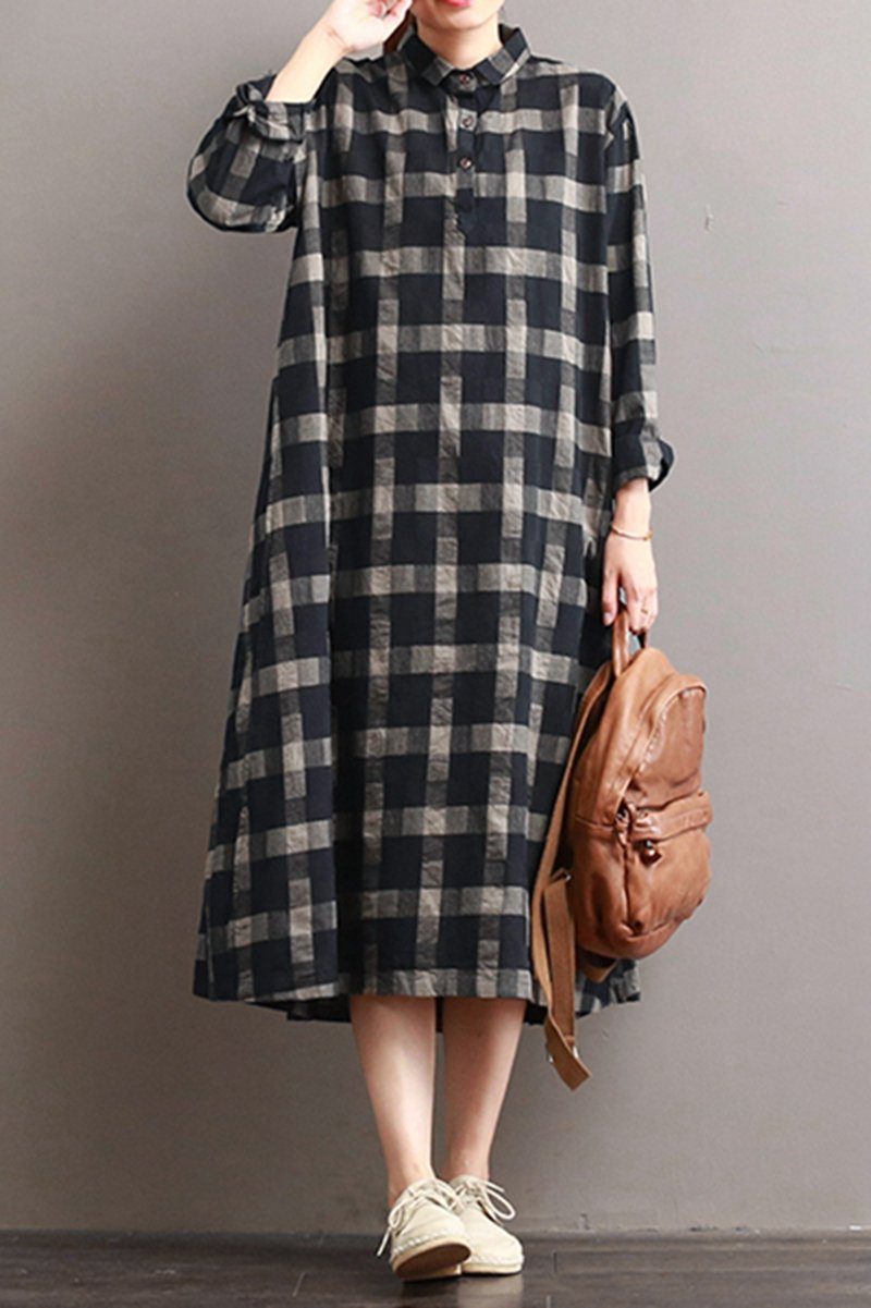 Linen Plaid Casual Loose Shirt Dress,Winter Long Shirt for Women Q7811 L Linen Plaid Casual Loose Shirt Dress,Winter Long Shirt for Women Q7811 L