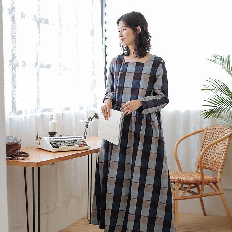 Cotton Long Dresses for Women, Winter Plaid Dress S / Blue Plaid Cotton Long Dresses for Women, Winter Plaid Dress S / Blue Plaid
