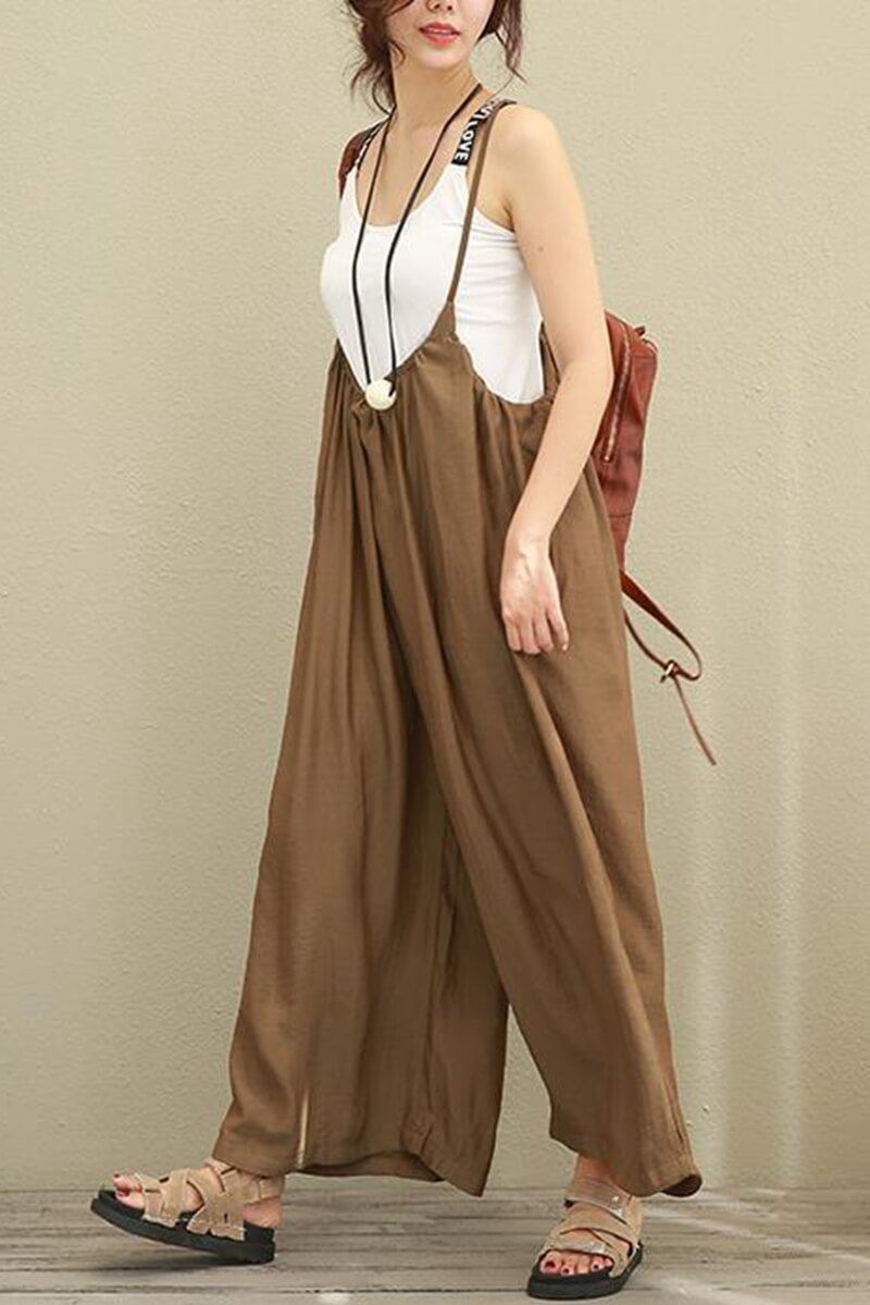 Brown Wide Leg Loose Silk Overalls Women Clothes– FantasyLinen