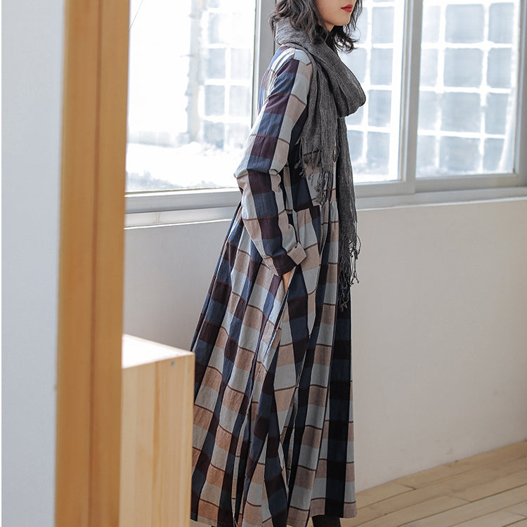 Cotton Long Dresses for Women, Winter Plaid Dress S / Blue Plaid Cotton Long Dresses for Women, Winter Plaid Dress S / Blue Plaid