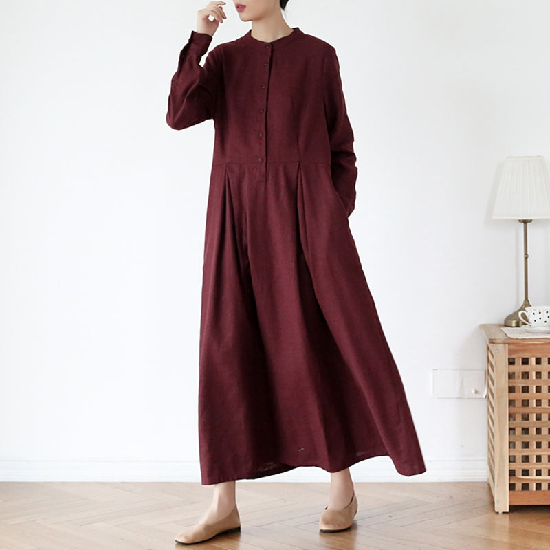 Women's Stand Collar Long SLeeves Linen Dress– FantasyLinen