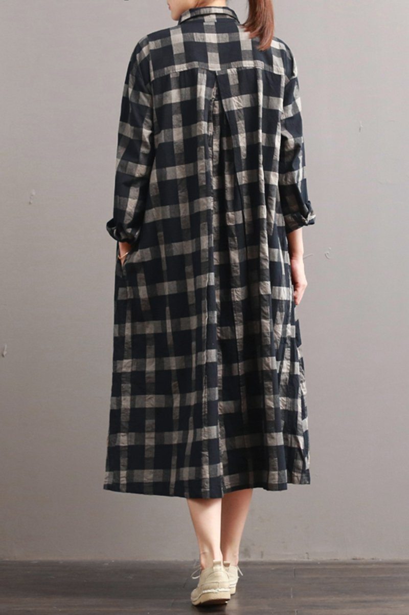 Linen Plaid Casual Loose Shirt Dress,Winter Long Shirt for Women Q7811 L Linen Plaid Casual Loose Shirt Dress,Winter Long Shirt for Women Q7811 L
