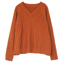 Load image into Gallery viewer, Cotton Loose Pullover, V Neck Sweater, Orange Ribbed Sweater
