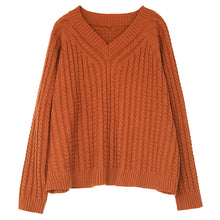 Load image into Gallery viewer, Cotton Loose Pullover, V Neck Sweater, Orange Ribbed Sweater