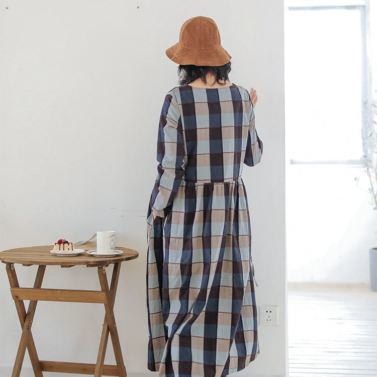 Cotton Long Dresses for Women, Winter Plaid Dress S / Blue Plaid