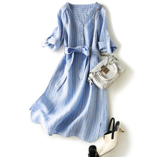 Load image into Gallery viewer, Linen Summer Dresses Blue White Stripe Clothing For Women
