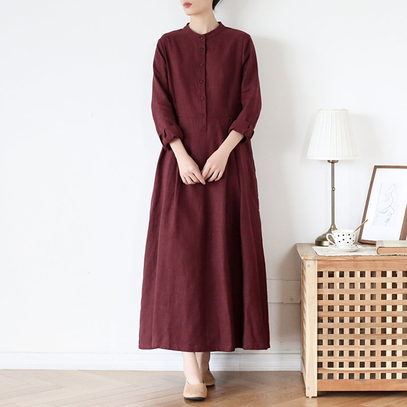 Women's Stand Collar Long SLeeves Linen Dress– FantasyLinen