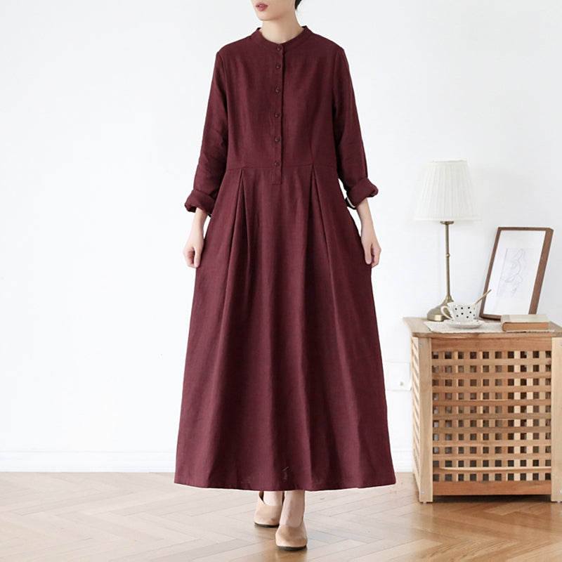 Women's Stand Collar Long SLeeves Linen Dress FantasyLinen