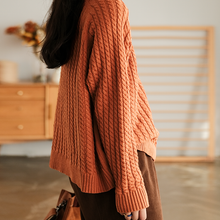 Load image into Gallery viewer, Cotton Loose Pullover, V Neck Sweater, Orange Ribbed Sweater