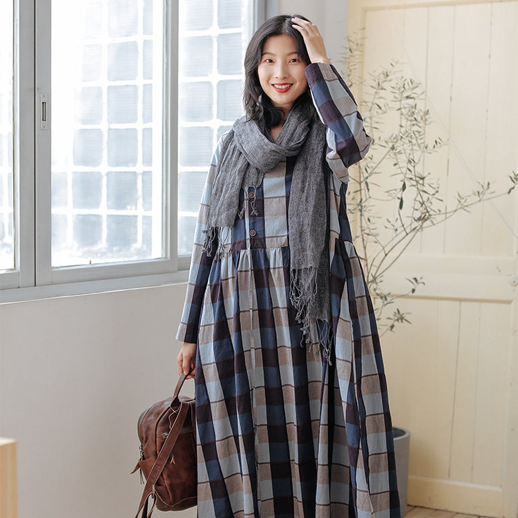 Cotton Long Dresses for Women, Winter Plaid Dress S / Blue Plaid