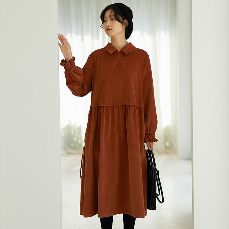 Corduroy Dress for Women, Ladies Winter Long Dress, Long Sleeve Thick Casual Dress M / Orange Corduroy Dress for Women, Ladies Winter Long Dress, Long Sleeve Thick Casual Dress M / Orange