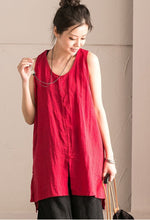 Load image into Gallery viewer, Red Cotton Linen Sleeveless Casual Long Shirt Summer and Spring For Women clothes B636B - FantasyLinen