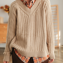 Load image into Gallery viewer, Cotton Loose Pullover, V Neck Sweater, Orange Ribbed Sweater
