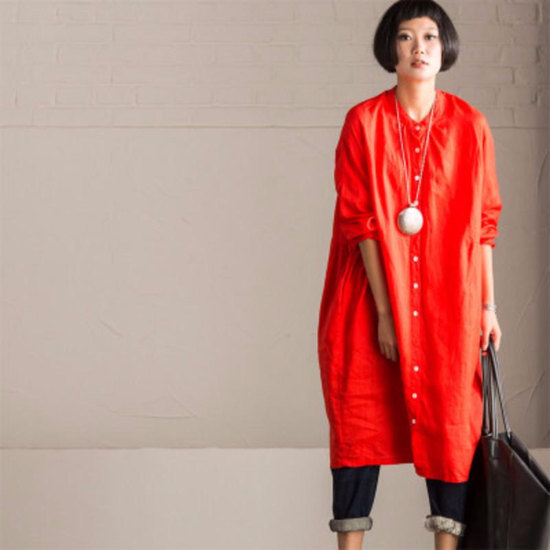 chinese dress ladies Art Casual Loose Big Size Long Linen Dress Shirt Women Tops C8923A S / White